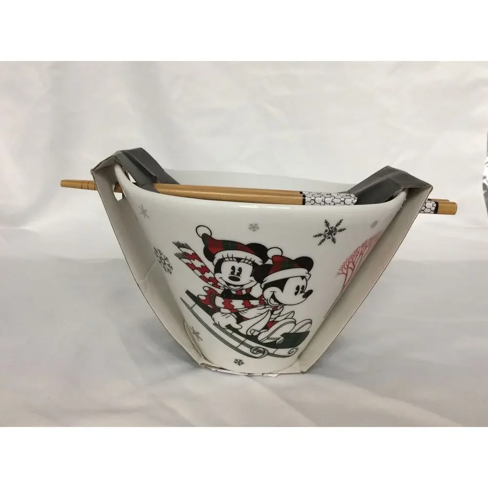Disney Mickey & Minnie Mouse Christmas Holiday Ramen Bowl Chopsticks Sled Winter